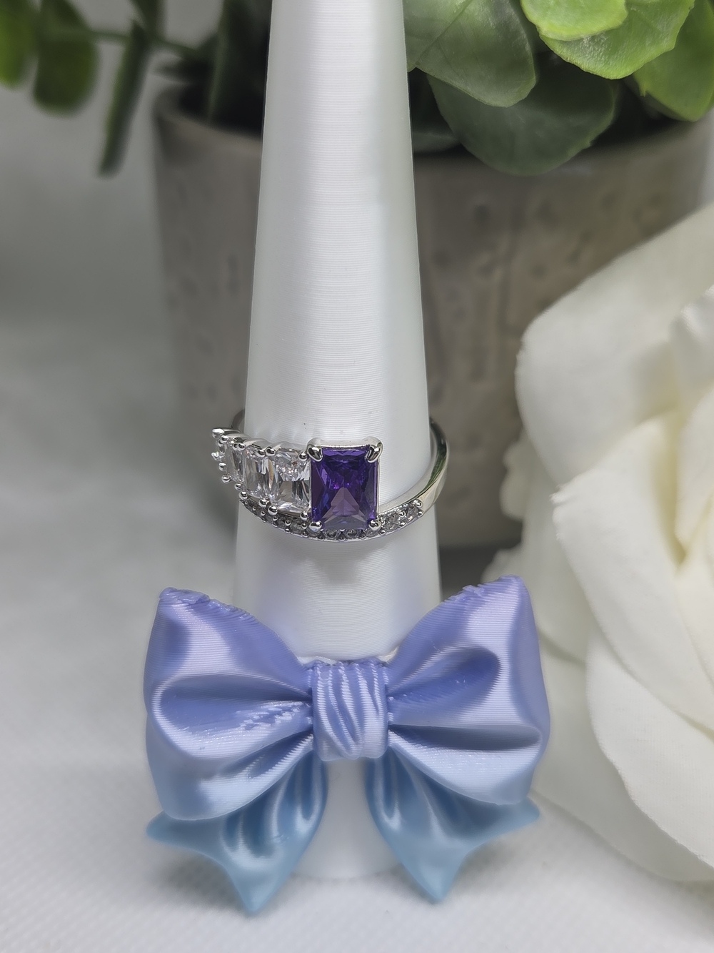 BP Amethyst CZ Ring with Clear Accents On Rhodium Plating